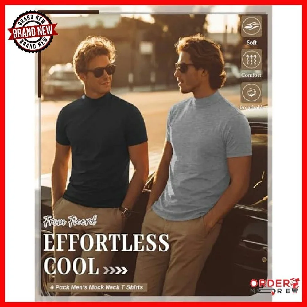 Men's Mock Neck T-Shirts 4-Pack, Cotton Spandex, Short Sleeve Undershirts